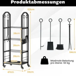 4-stöckiger rollbarer Holzscheit-Stapelhalter mobiler Holzständer für innen und außen mit Zange Schwarz