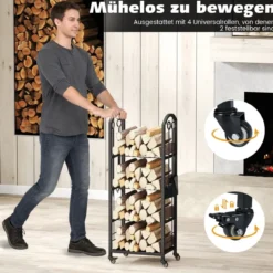 4-stöckiger rollbarer Holzscheit-Stapelhalter mobiler Holzständer für innen und außen mit Zange Schwarz