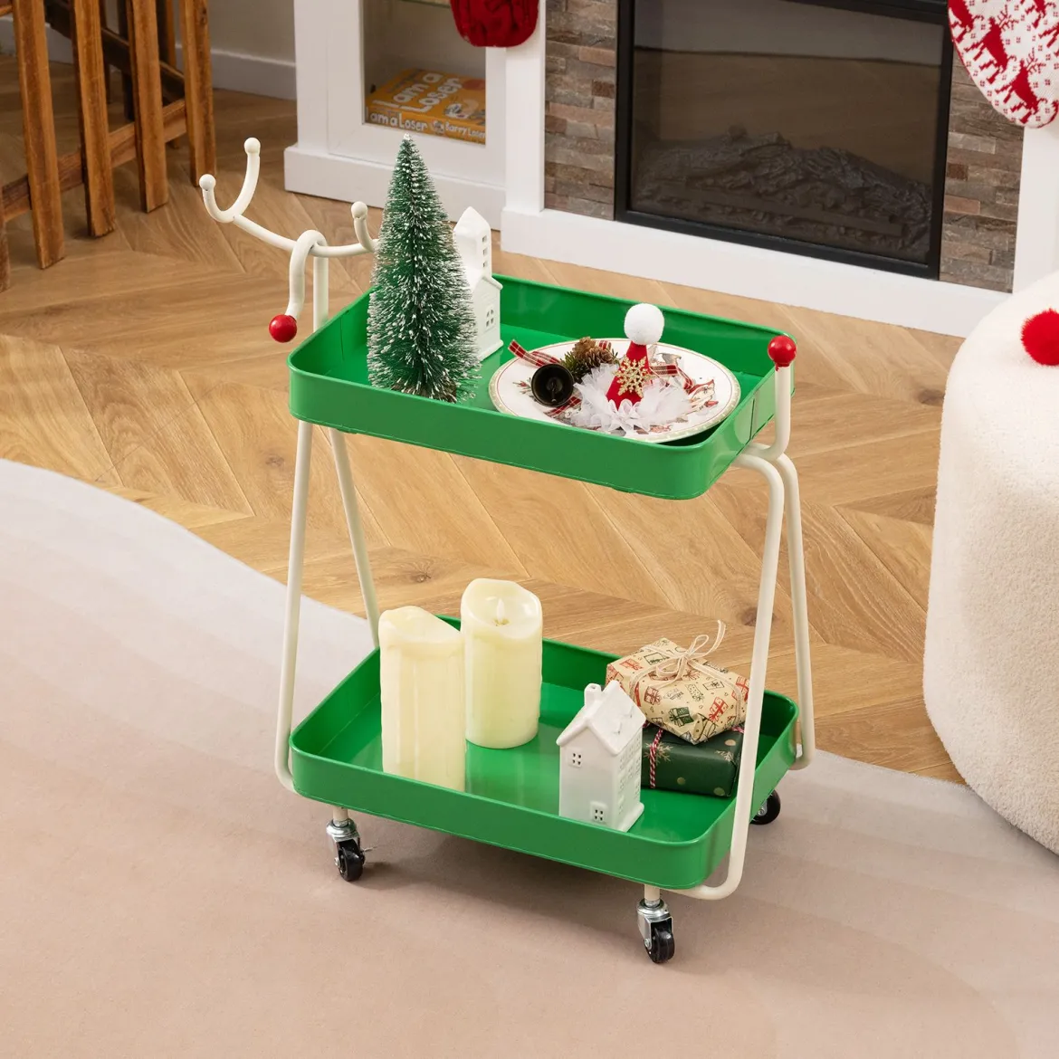 2-stöckiger Rollwagen in Rentierform Servierwagen Küchewagenfür Weihnachten Grün
