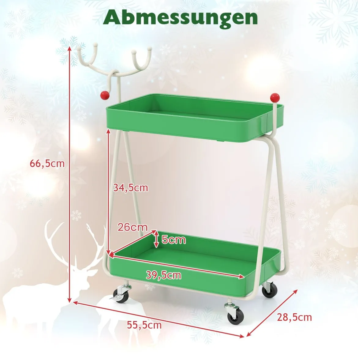 2-stöckiger Rollwagen in Rentierform Servierwagen Küchewagenfür Weihnachten Grün