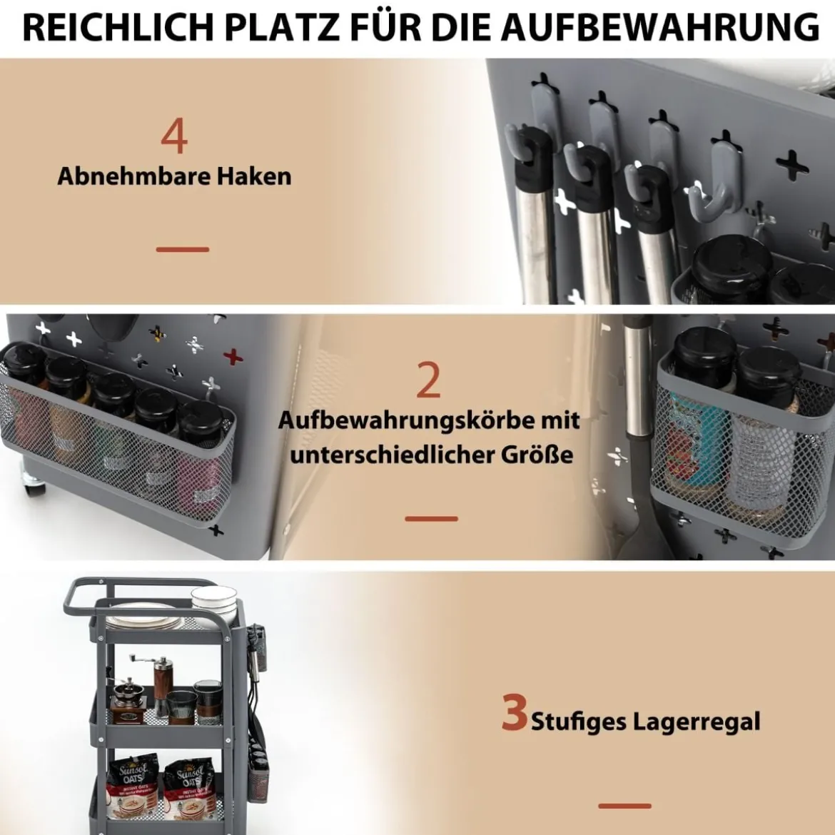 3-stöckiger Rollwagen Metallwagen mit 2 Steckplatten & 2 Körben & 4 Haken Grau
