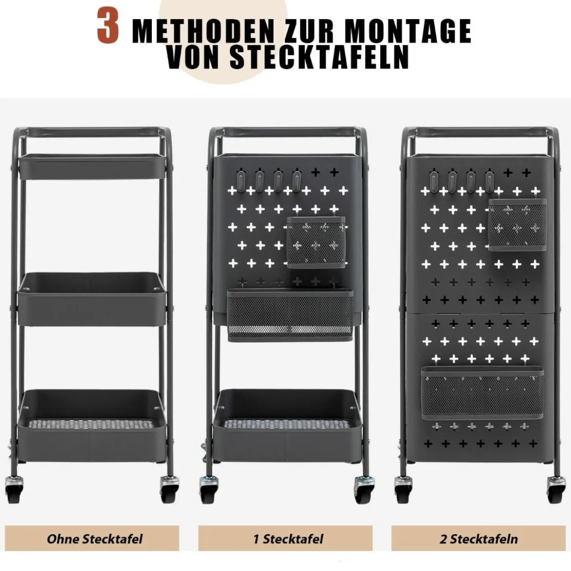 3-stöckiger Rollwagen Metallwagen mit 2 Steckplatten & 2 Körben & 4 Haken Grau