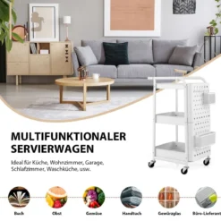 3-stöckiger Rollwagen Metallwagen mit 2 Steckplatten & 2 Körben & 4 Haken Weiß