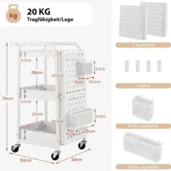 3-stöckiger Rollwagen Metallwagen mit 2 Steckplatten & 2 Körben & 4 Haken Weiß