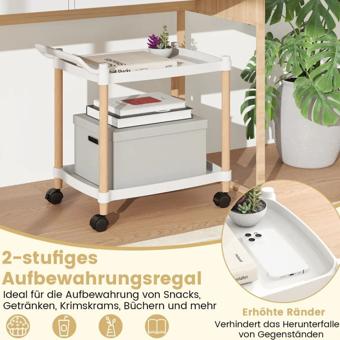 2-stöckiger Rollwagen mit Verriegelbaren Rädern & Buchenholzrahmen Trolley Organizer