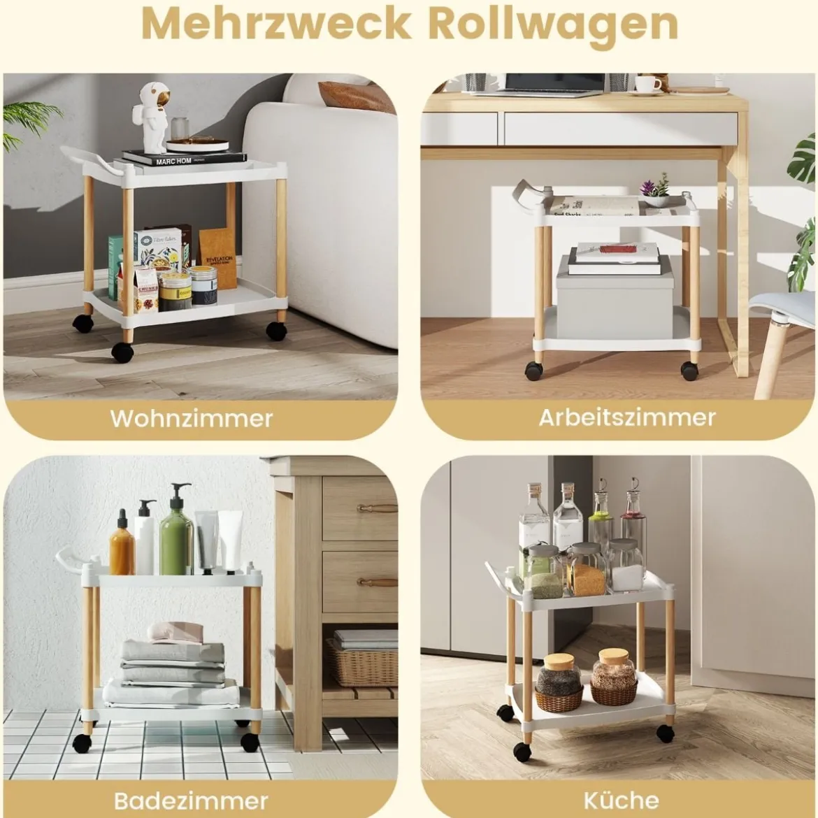 2-stöckiger Rollwagen mit Verriegelbaren Rädern & Buchenholzrahmen Trolley Organizer