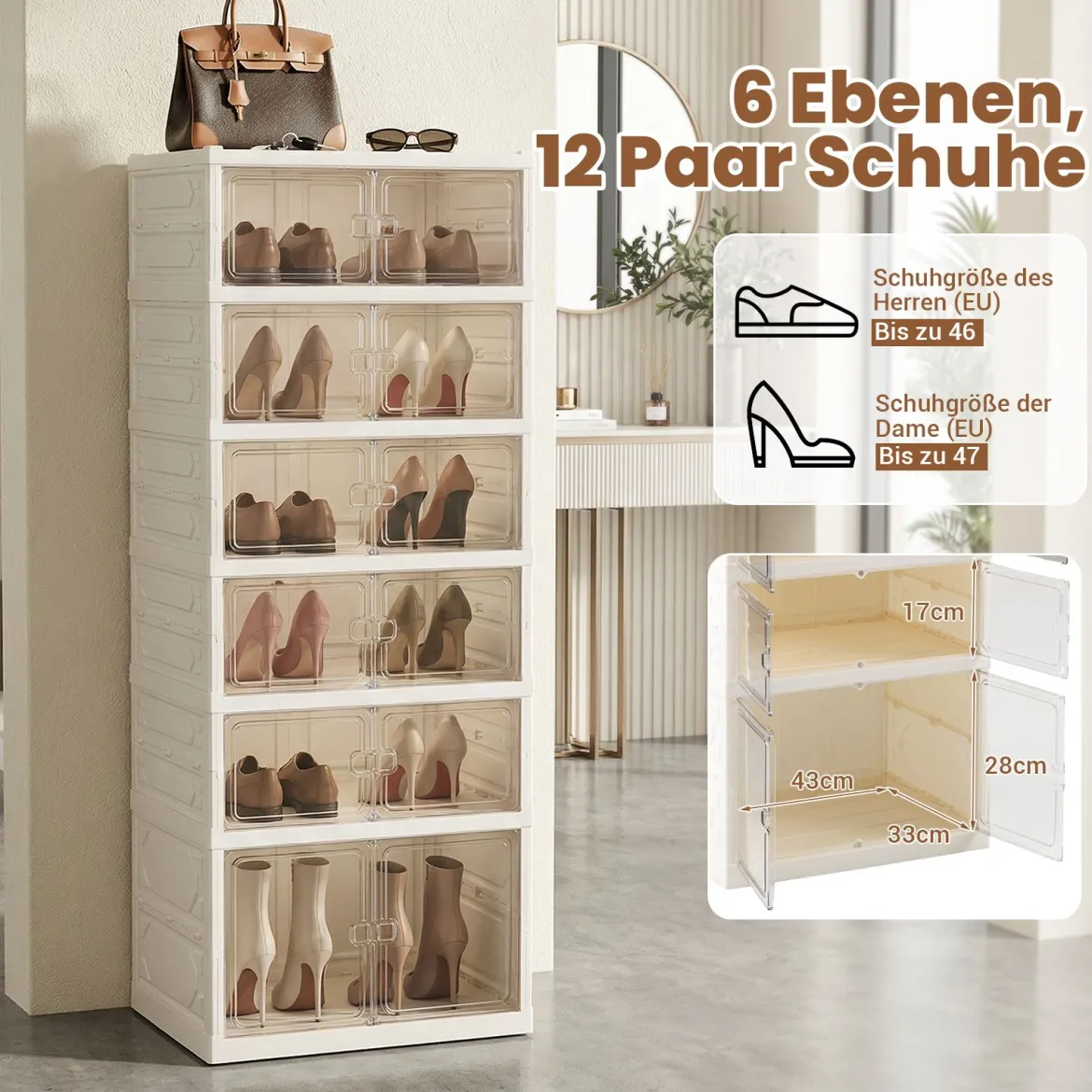 6 Stöckiger Schuhschrank für 12 Paar Schuhe mit Magnetischen Türen Freistehendes Schuhregal