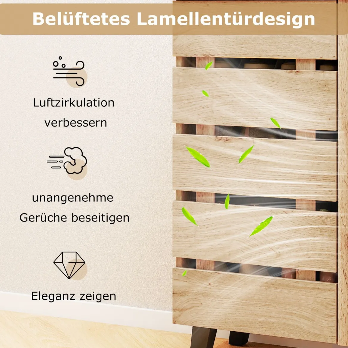 4-stöckiger Schuhschrank 2-türiger Aufbewahrungsorganisator mit Lamellentür & herausnehmbaren Regalen Natur