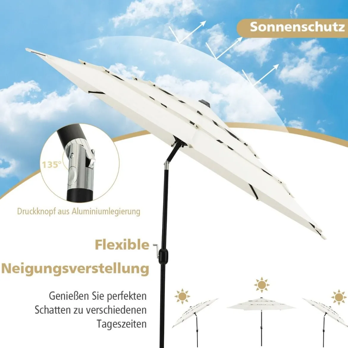 3-Stöckiger Terrassenschirm Doppelt Belüfteter Außenschirm 306 x 306 x 252 cm Beige