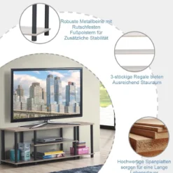 3-Stöckiger TV Ständer mit Massivem Metallrahmen und Offenen Spanplattenregalen Grau