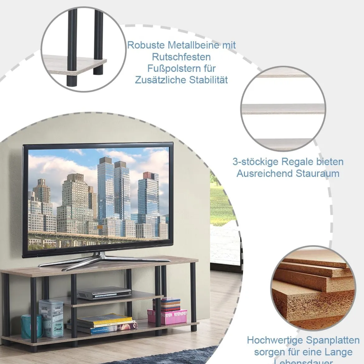 3-Stöckiger TV Ständer mit Massivem Metallrahmen und Offenen Spanplattenregalen Grau