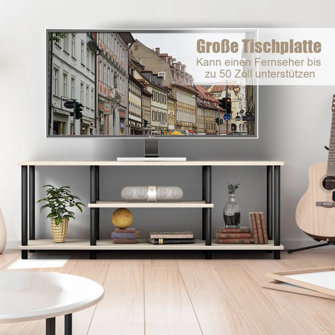 3-Stöckiger TV Ständer mit Massivem Metallrahmen und Offenen Spanplattenregalen Grau