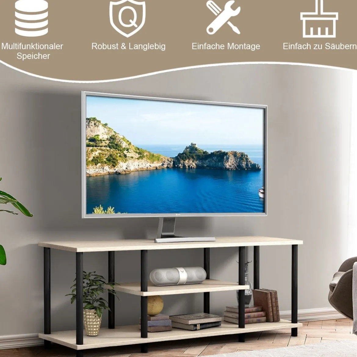 3-Stöckiger TV Ständer mit Massivem Metallrahmen und Offenen Spanplattenregalen Grau