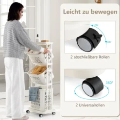 3 Stöckiger Wäschekorb auf Rollen mit 3 Körben & Griff Wäschekorbwagen Wäschesammler