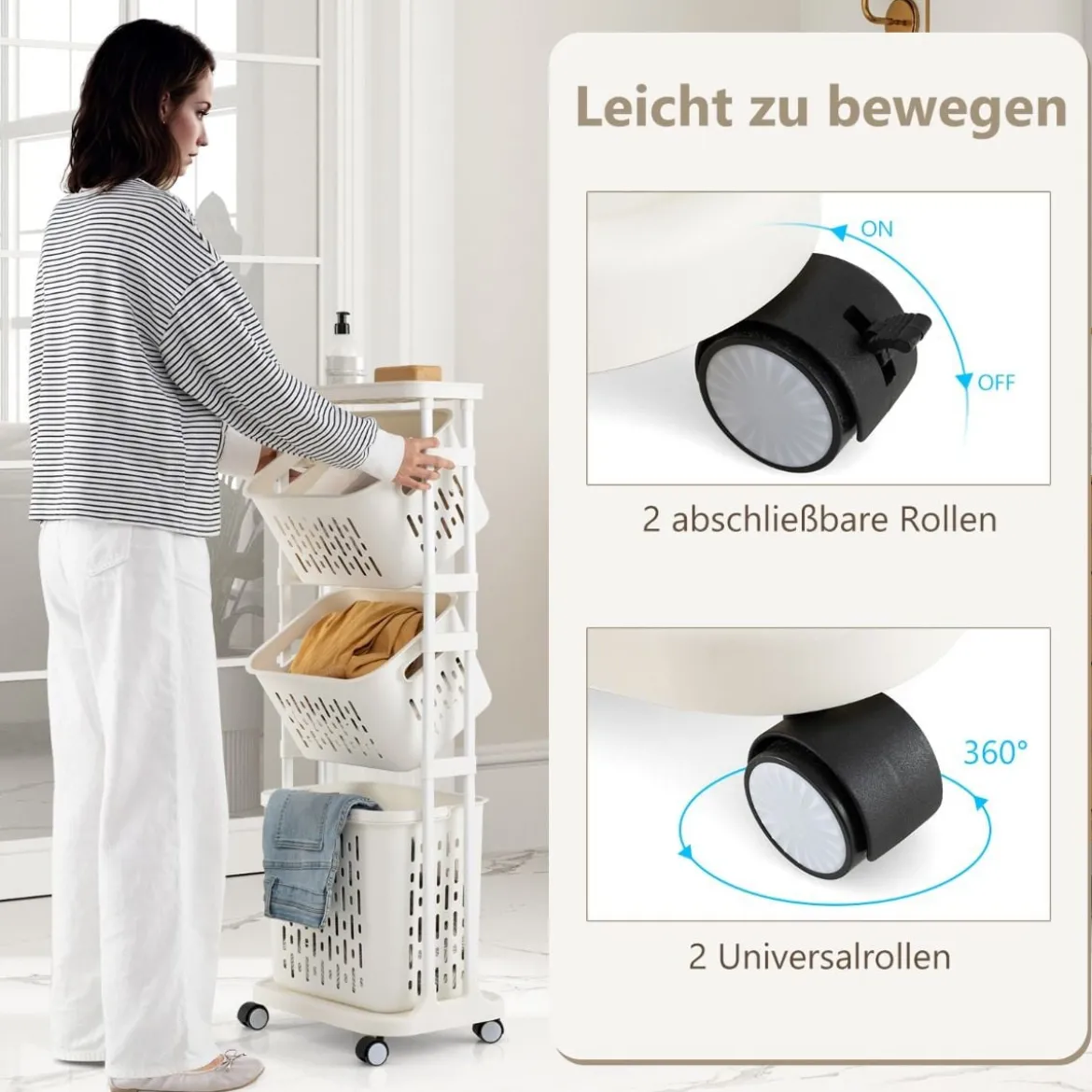 3 Stöckiger Wäschekorb auf Rollen mit 3 Körben & Griff Wäschekorbwagen Wäschesammler