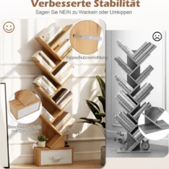 10-stöckiges Baum-Bücherregal mit Schublade Bodenstehendes Lagerregal Natur