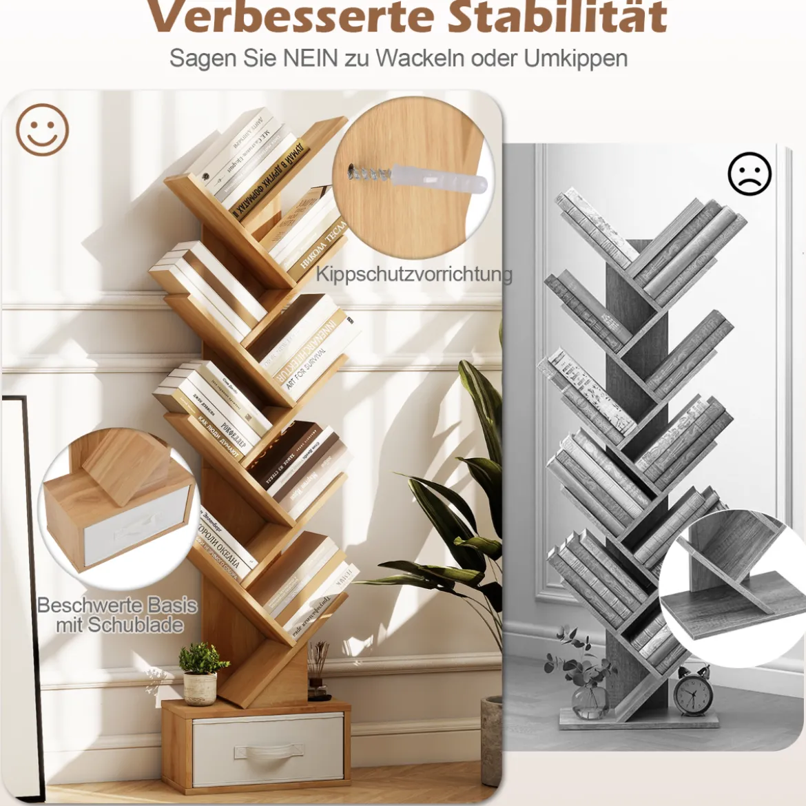 10-stöckiges Baum-Bücherregal mit Schublade Bodenstehendes Lagerregal Natur