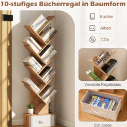 10-stöckiges Baum-Bücherregal mit Schublade Bodenstehendes Lagerregal Natur