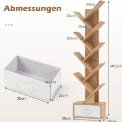 10-stöckiges Baum-Bücherregal mit Schublade Bodenstehendes Lagerregal Natur