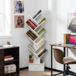 10-stöckiges Baum-Bücherregal mit Schublade Bodenstehendes Lagerregal Weiß