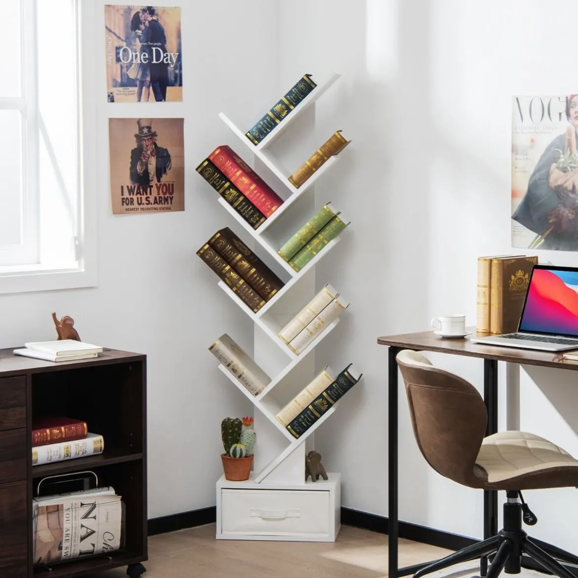 10-stöckiges Baum-Bücherregal mit Schublade Bodenstehendes Lagerregal Weiß