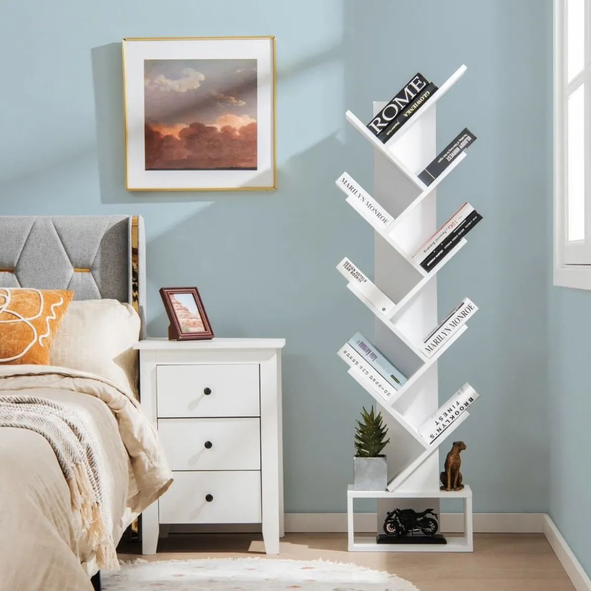 10-stöckiges Baum-Bücherregal mit Schublade Bodenstehendes Lagerregal Weiß