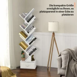 10-stöckiges Baum-Bücherregal mit Schublade Bodenstehendes Lagerregal Weiß