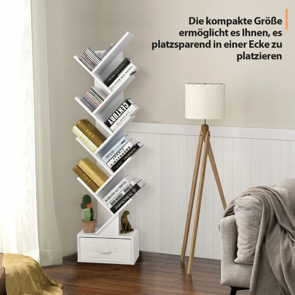 10-stöckiges Baum-Bücherregal mit Schublade Bodenstehendes Lagerregal Weiß