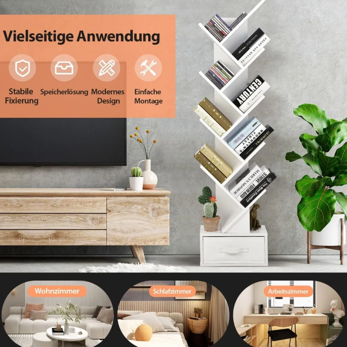 10-stöckiges Baum-Bücherregal mit Schublade Bodenstehendes Lagerregal Weiß