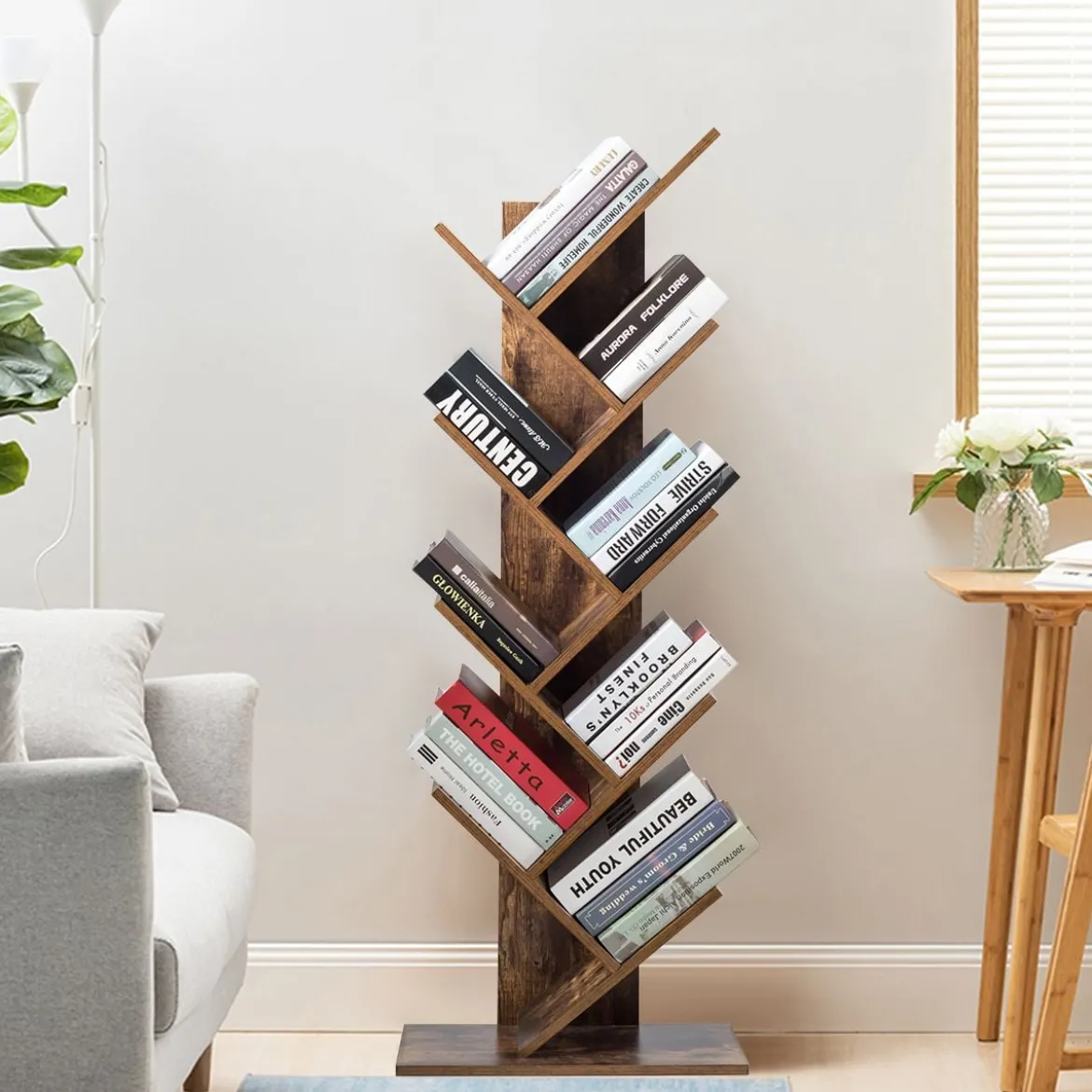 9-Stöckiges Baum Bücherregal mit Anti-Kipp Vorrichtung 51 x 28 x 140 cm Rustikales Braun