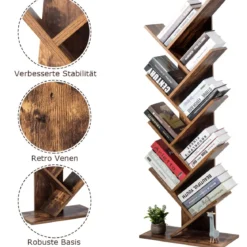 9-Stöckiges Baum Bücherregal mit Anti-Kipp Vorrichtung 51 x 28 x 140 cm Rustikales Braun