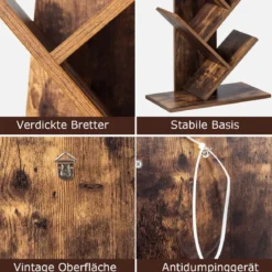 9-Stöckiges Baum Bücherregal mit Anti-Kipp Vorrichtung 51 x 28 x 140 cm Rustikales Braun