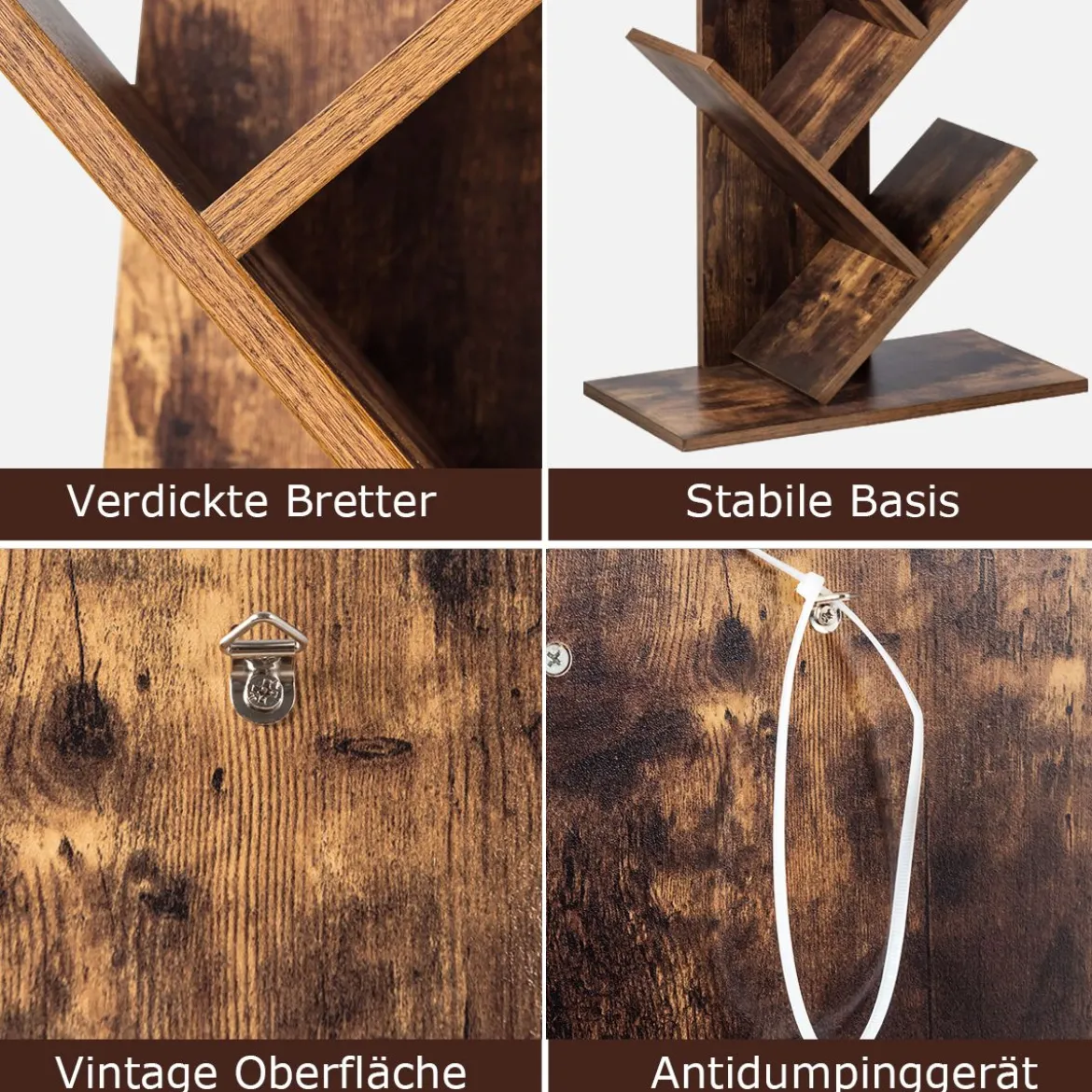 9-Stöckiges Baum Bücherregal mit Anti-Kipp Vorrichtung 51 x 28 x 140 cm Rustikales Braun