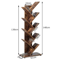 9-Stöckiges Baum Bücherregal mit Anti-Kipp Vorrichtung 51 x 28 x 140 cm Rustikales Braun