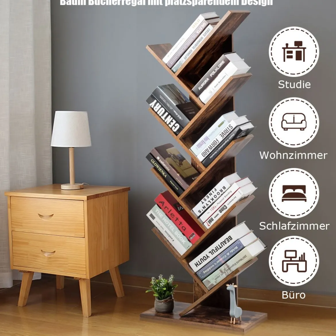 9-Stöckiges Baum Bücherregal mit Anti-Kipp Vorrichtung 51 x 28 x 140 cm Rustikales Braun