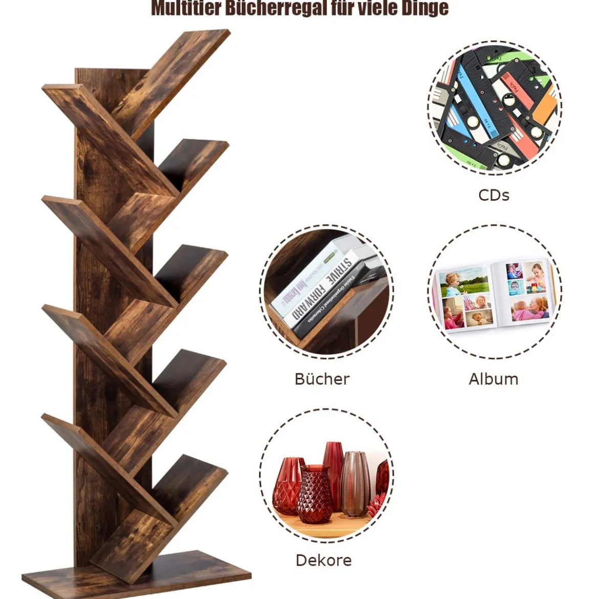 9-Stöckiges Baum Bücherregal mit Anti-Kipp Vorrichtung 51 x 28 x 140 cm Rustikales Braun