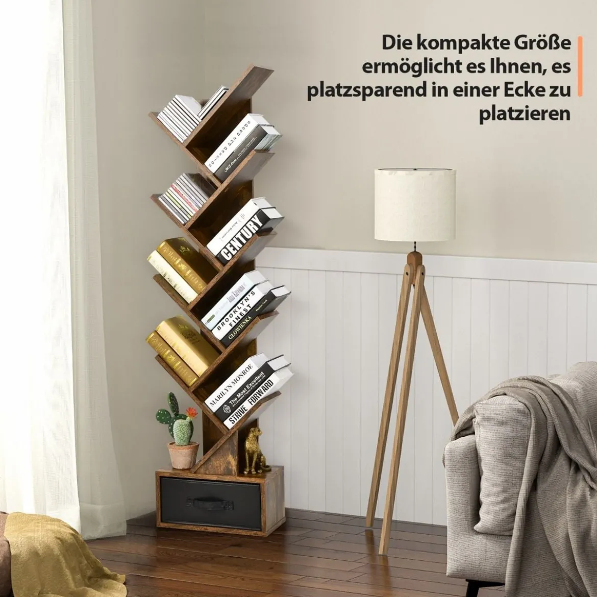 10-stöckiges Baum Bücherregal mit Schublade für Schlafzimmer / Wohnzimmer Rustikales Braun
