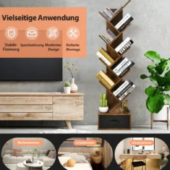 10-stöckiges Baum Bücherregal mit Schublade für Schlafzimmer / Wohnzimmer Rustikales Braun