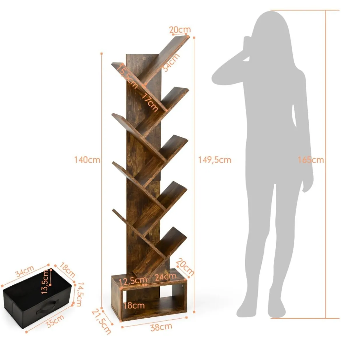 10-stöckiges Baum Bücherregal mit Schublade für Schlafzimmer / Wohnzimmer Rustikales Braun