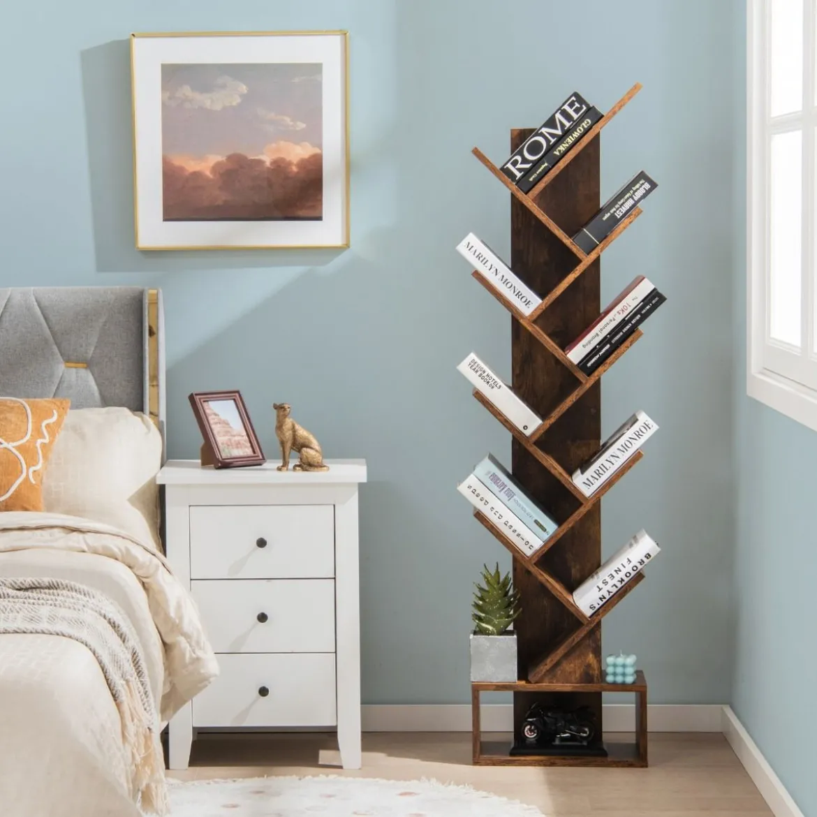 10-stöckiges Baum Bücherregal mit Schublade für Schlafzimmer / Wohnzimmer Rustikales Braun