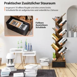10-stöckiges Baum Bücherregal mit Schublade für Schlafzimmer / Wohnzimmer Rustikales Braun