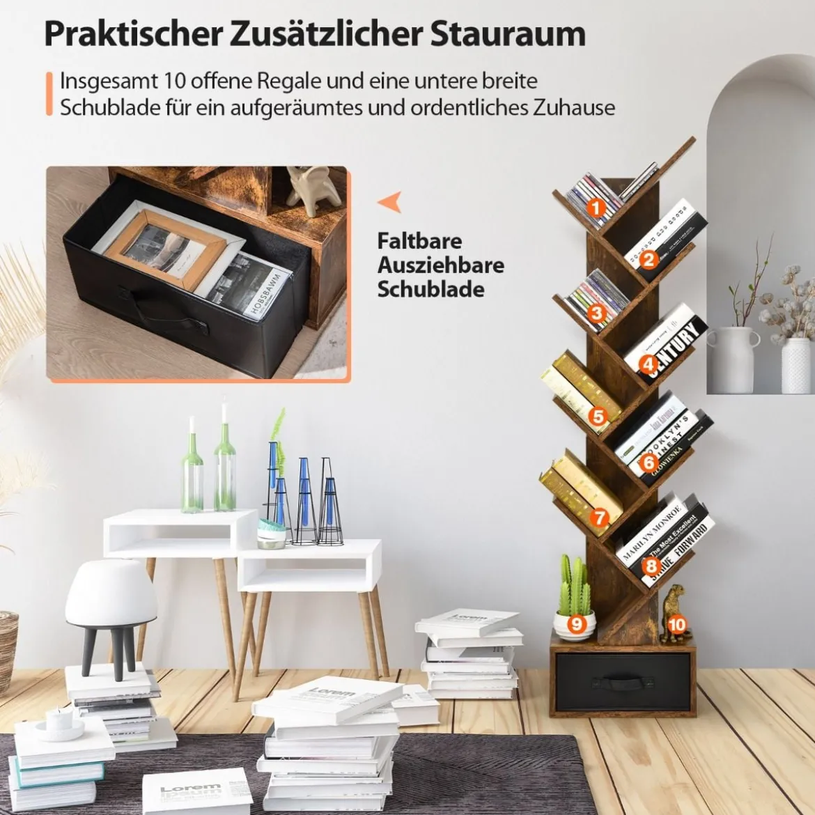 10-stöckiges Baum Bücherregal mit Schublade für Schlafzimmer / Wohnzimmer Rustikales Braun