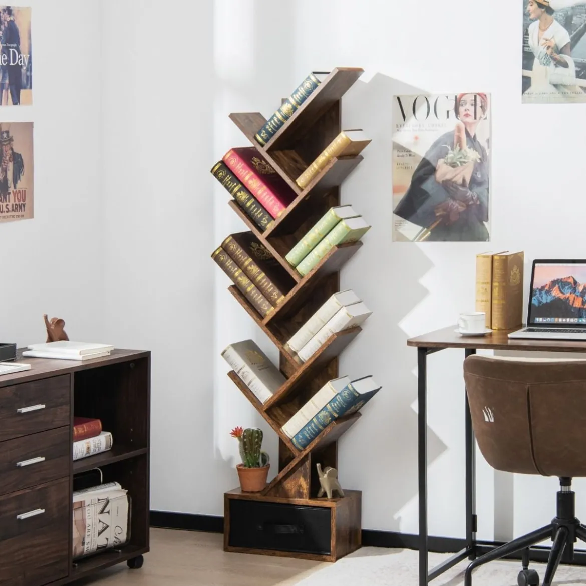 10-stöckiges Baum Bücherregal mit Schublade für Schlafzimmer / Wohnzimmer Rustikales Braun