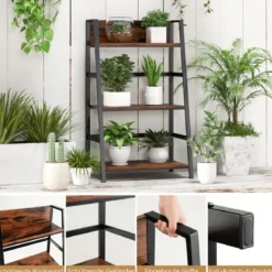 3-stöckiges Bücherregal aus Holz mit Metallrahmen & Kippschutz Industrielles Leiterregal