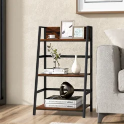 3-stöckiges Bücherregal aus Holz mit Metallrahmen & Kippschutz Industrielles Leiterregal