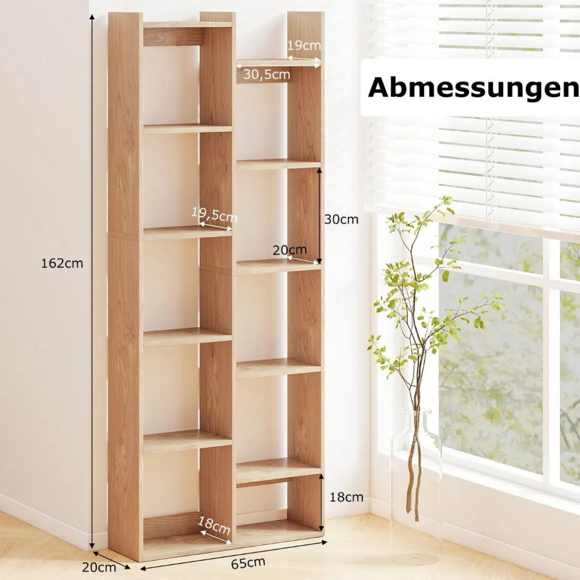 12-stöckiges Bücherregal Displayständer mit Anti-Kipp-Sicherungen Baumförmiges Standregal 65 x 20 x 162 cm