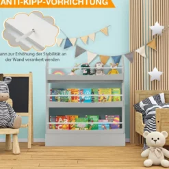 3-Stöckiges Bücherregal für Kinder Freistehendes Ablageregal Grau