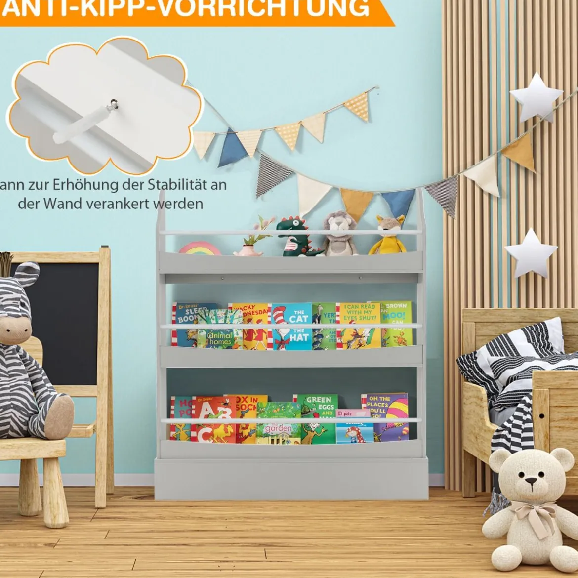 3-Stöckiges Bücherregal für Kinder Freistehendes Ablageregal Grau