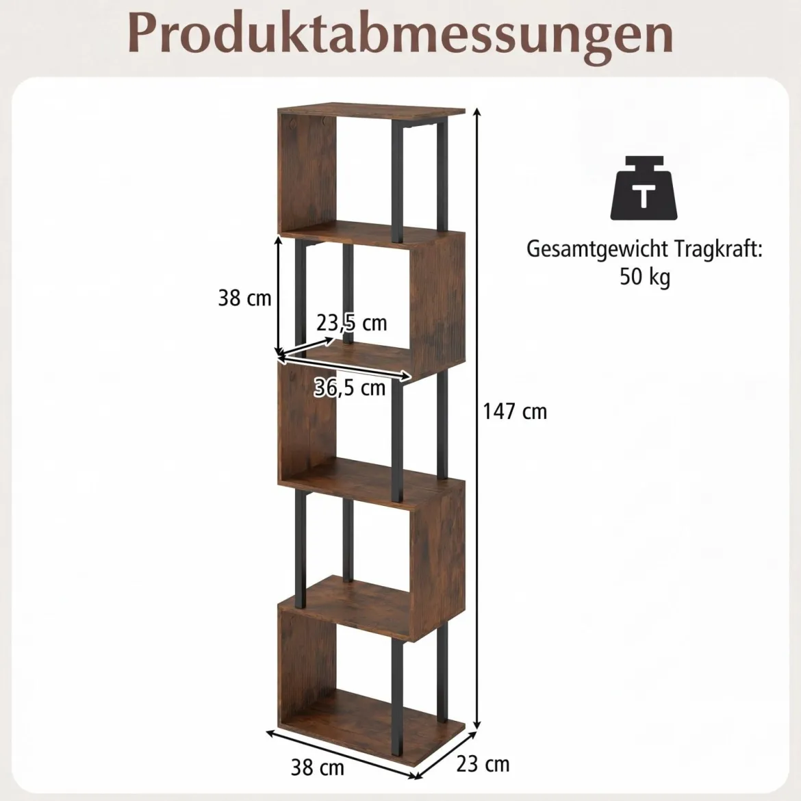 5 stöckiges Bücherregal Geometrisches Standregal mit Kippschutz Freistehendes Lagerregal Rustikales Braun