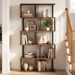 5 stöckiges Bücherregal Geometrisches Standregal mit Kippschutz Freistehendes Lagerregal Rustikales Braun